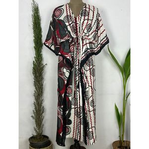 Vintage Boho Kaftan Robe for Women Long-Flourish-Artistic Floral Print Recycled <b>Silk</b> Gray <b>Red</b> Beach Cover-up Swimsuit Accessory - Product Image 3