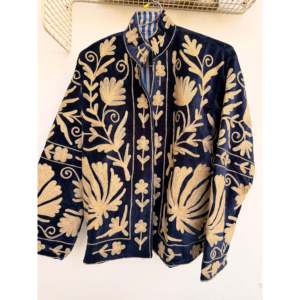 Blue Elegant Suzani Velvet Embroidered <b>Reversible</b> <b>Jacket</b> Short Boho Outerwear Linen Lining Leather Shell One Size Spring Autumn - Product Image 1