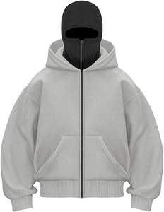 Nouveauté : Hoodie Balaclava sur mesure en molleton 100 % coton, style oversize à épaules tombantes, avec poche, streetwear, fermeture éclair, motif uni - Product Image 2