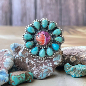 Bague réglable en argent sterling faite à la main en forme de rêve rose et de turquoise Mojave - Product Image 1