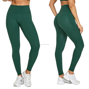 Leggings de yoga pour femmes, unis, sans couture frontale, avec poches, taille haute, dos en V, effet push-up, sensation seconde peau, séchage rapide, pour la gym - Product Image 1