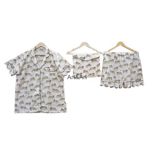 Pijama de algodón con estampado de bloques hecho a mano indio estilo romántico transpirable verano corto pijama informal - Product Image 1