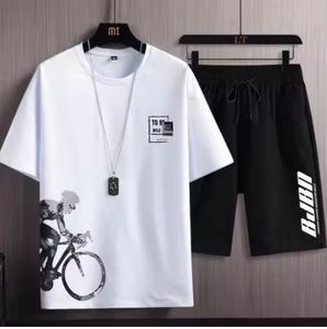 ชุดเสื้อยืดและกางเกงขาสั้นลำลองสำหรับผู้ชาย Col Dker Summer ชุดกีฬา ทรงหลวม ผ้าเทอร์รี่ แห้งเร็ว ปรับขนาดได้ - Product Image 2