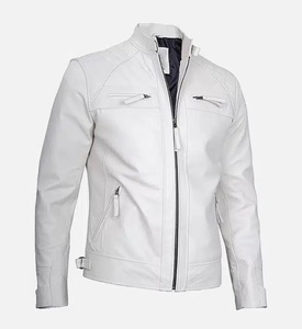 Veste de motard d'hiver à col montant pour hommes en cuir d'agneau véritable blanc avec fermeture à glissière ODM Type d'approvisionnement - Product Image 3