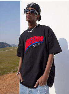 Camiseta de algodón personalizada Unisex para hombre, Top de longitud corta informal de color sólido con letras de chenilla bordadas de peso pesado para punto - Product Image 4