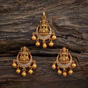 Fine Women's Religious Jewelry Sets-Oxidised Gold Crown <b>Ruby</b> Temple Pendant <b>Necklace</b> & Earrings Set for Hinduism Ceremonies - Product Image 2