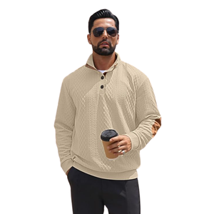 Pull-over décontracté pour homme doublé en beige avec tricot côtelé - Écologique pour l'hiver - Fabriqué en mélange de coton doux - Product Image 2