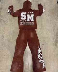 Ropa de calle lavada con piedras ácidas personalizada, pantalones acampanados abiertos de pierna ancha holgados, chándal con estampado de diamantes de imitación, sudadera con dobladillo crudo - Product Image 2