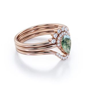 Anillo de Plata de Ley 925 con Gema Clásica para Boda, de Shama Gems Jewels, para Mujer, con Ágata Musgosa en Forma de Lágrima y Corte de Pera, Engaste de Garras - Product Image 2