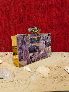 /Amethyst Gemstone Mosaic <b>Clutch</b> Bag Luxury Womens Evening Box Purse Natural <b>Purple</b> Stone Inlay Gold Frame Party Handbag - Product Image 2