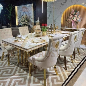 Bàn ăn cao cấp sang trọng, độc quyền, dành cho nhà ở, 4, 6, 8 chỗ ngồi, mặt bàn đá cẩm thạch, khung thép không gỉ mạ vàng, dùng cho biệt thự, sự kiện. - Product Image 1