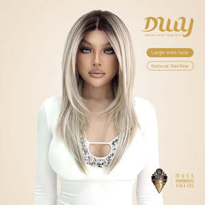 Perruque synthétique sans colle Devi-DWY 13x6, dentelle transparente, raie libre, mi-longue, lisse, couleur blonde - Product Image 6