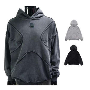Men <b>Oversized</b> Patchwork Hoodie Streetwear <b>Vintage</b> Washed Pullover <b>Sweatshirt</b> - Product Image 2