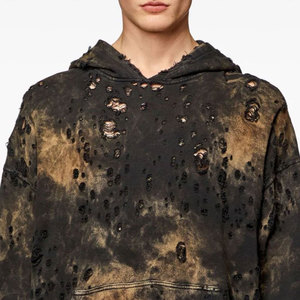 "Basics Coton Mélange Détresse Noir avec Marron Sweat à Capuche Surdimensionné pour Homme Pull Streetwear Déchiré Personnalisé" - Product Image 5