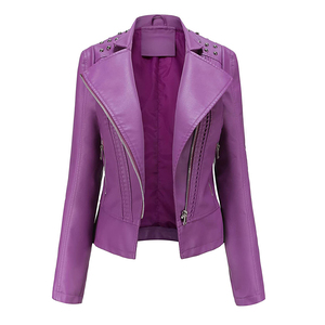 Chaqueta de motorista de piel de oveja genuina para mujer moderna, abrigo de Moto ajustado con tachuelas moradas, cremallera frontal, manga larga, elegante para invierno - Product Image 1