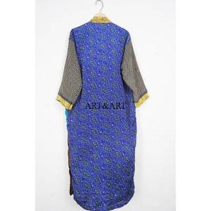 Vintage Japanese Elegant Soft Maxi Robe Women's Recycled Ethnic Silk Sari <b>Kimono</b> V-neck Drawstring Bikini Cover Patchwork Front - Product Image 5