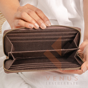 High Quality Women's Genuine Leather Purse Wallet Fashionable <b>Long</b> Design Clutch <b>Bag</b> with Open Closure and Decorative Feathers - Product Image 3