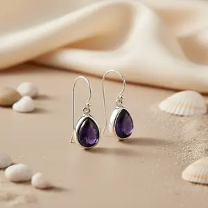 Boucles d'oreilles en argent 925 plaqué or 14 carats, forme goutte d'eau, pierre précieuse violette, design tendance en forme de cerceau pour femmes, avec pierre principale en or rose sertie de diamants - Product Image 2