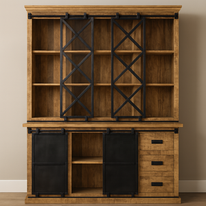 Industrial Solid Wood <b>Sideboard</b> Cabinet | Sliding Door <b>Storage</b> Living Room Furniture | Handmade Dark Finish Antique Akku Art - Product Image 1