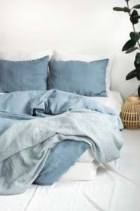Cotton Duvet Cover <b>Set</b> 2 Matching <b>Pillow</b> Cases Dusty Blue Quilt Cover Coconut Buttons Stonewashed Fabric Comforter Home Hotel - Product Image 4