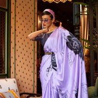 Sari en satin de crêpe italien imprimé numériquement, de haute qualité, lavable en machine, avec chemisier contrastant, pour occasions spéciales
