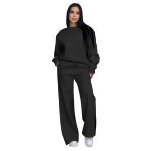 Otoño Invierno logotipo personalizado de alta calidad Color sólido para mujer cuello redondo manga larga pantalones de pierna ancha ajuste relajado conjunto de dos piezas para mujer - Product Image 5