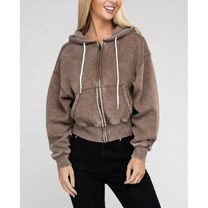 Customized Zipper Heavy Cotton Acid Wash French Terry <b>Zip</b> <b>up</b> Acid Distressed Vintage Wash <b>Cropped</b> Hoodie for Women - Product Image 1