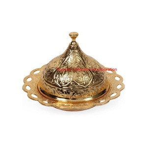 Fatto a mano stile ottomano placcato oro in metallo piatto da portata con coperchio ornato in rilievo <span class=keywords><strong>Vintage</strong></span> Candy ciotola per datteri zucchero decorazione per la casa - Product Image 1