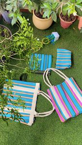 Bolsas de playa y cosméticos recicladas con telar manual de moda respetuosas con el medio ambiente personalizadas estuches de compras a rayas tejidos de plástico con cremallera reutilizables - Product Image 2