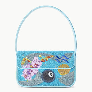 Bolso de hombro azul con cuentas, bordado floral de bola 8, bolso de mano con cuentas de vidrio, cartera de noche para mujer, bolso de mano con diseño de concha de Aquario - Product Image 1