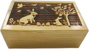 Caja de urna humana antigua Conejo y su bebé en el diseño grabado Material de almacenamiento Caja grande de madera de pino Regalo 250 pulgadas cúbicas - Product Image 2