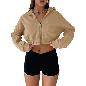 Casual Zipper Crop <b>Top</b> Hoodie With Adjustable Hood And Relaxed Streetwear Style Soft Zipper Crop <b>Top</b> Hoodie - Product Image 1