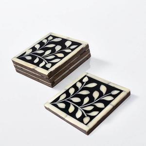 Ensemble de sous-verres à thé en incrustation d'os carré de Style classique fabriqué à la main quatre pièces en bois noir couleur corne os bois matériel tapis tampons - Product Image 3