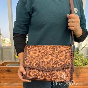 Sac à bandoulière en cuir repoussé à la main pour femmes Style occidental en cuir véritable marron pochette florale sac à main designer sac à main en peau de vache - Product Image 1