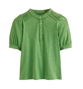 OEM ODM Casual Women <b>Henley</b> modern twist pintucks & puff sleeves with Lace work 100% Cotton T-<b>shirt</b> Tee Top for Women - Product Image 1