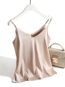 2025 Spaghetti Strap Top mujer Halter cuello en V básico blanco Cami sin mangas satén seda Tank Tops mujer verano - Product Image 5