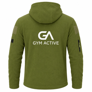 Veste en toile polaire à capuche pour homme GYM ACTIVE, vert olive, fermeture éclair intégrale, coupe-vent, décontractée, pour l'hiver et les activités de plein air - Product Image 2