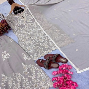 Modern Women Heavy Faux Georgette Kurti Plazzo Dupatta Set with Stylish Traditional Designer Ethnic Touch for Weddings Parties - Product Image 2