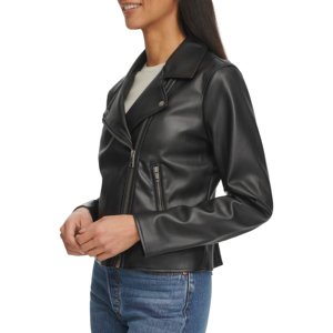 Women's Leather Moto Jacket <b>Black</b> Classic Faux Leather Regular Zipper Style Luxury Fitted Outwear Coat - Product Image 4