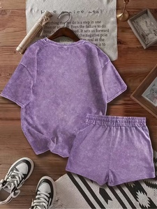 Ensemble T-shirt et short en coton imprimé Karma pour homme – Tenue décontractée d'été à col rond, tricotée, respirante, lavée, couleur violet - Product Image 2