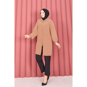Cardigan en laine d'angora boutonné doré avec imprimé, décontracté, hiver, automne, printemps, hijab, couleur camel - Product Image 1
