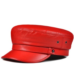 European/American Fashion Navy <b>Hat</b> <b>Men</b> Women Genuine Leather Red White Soft Lambskin Flat Top Caps Male Korean Boina - Product Image 1