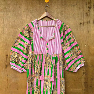 Femmes été bohème Hippie robe coton bloc imprimé col profond Midi Mini longueur Style décontracté naturel lâche chaîne fermeture - Product Image 1