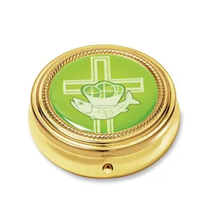 Brass Handmade Pyx Keepsake Box With Shiny Polish & Green Enamel Finishing Round Shape Unique Fish Design For Religious Use
