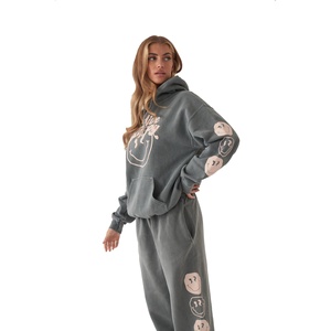 Mode personnalisée de haute qualité de couleur grise survêtement en molleton de coton épais lavé à l'acide femmes pull à capuche survêtement pour femmes - Product Image 1