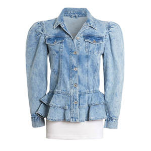 Wholesale Ladies Stonewash Blue <b>Jean</b> Jacket Puff Sleeves Customized Sizes 10 8 10 12 14 16 Casual Fashion Cotton Filled Fabric - Product Image 6