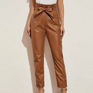 Pantalones de Cuero Ecológicos de Cintura Alta y Pierna Ancha con Diseño de Corazón para Mujer, Estilo Casual Urbano, Color Sólido, Novedad de Invierno - Product Image 5