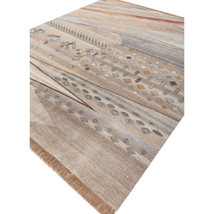 Manchaha Beige <b>Brown</b> Hand Knotted <b>Wool</b> Silk Rugs Classic Geometric Design 9x12 Rectangle for Home for Bedroom Hallway - Product Image 2