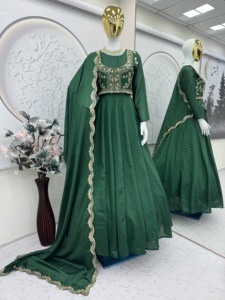 Unity Luxure Premium <b>Emerald</b> <b>Green</b> Embroidered Anarkali <b>Suit</b> Set with Dupatta Luxury Silk Blend Fabric - Product Image 5