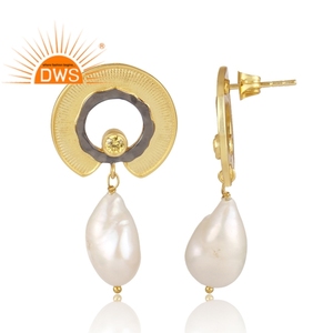 Pendientes colgantes de circonia cúbica natural chapado en oro de 18k y perlas, joyería fina - Product Image 3